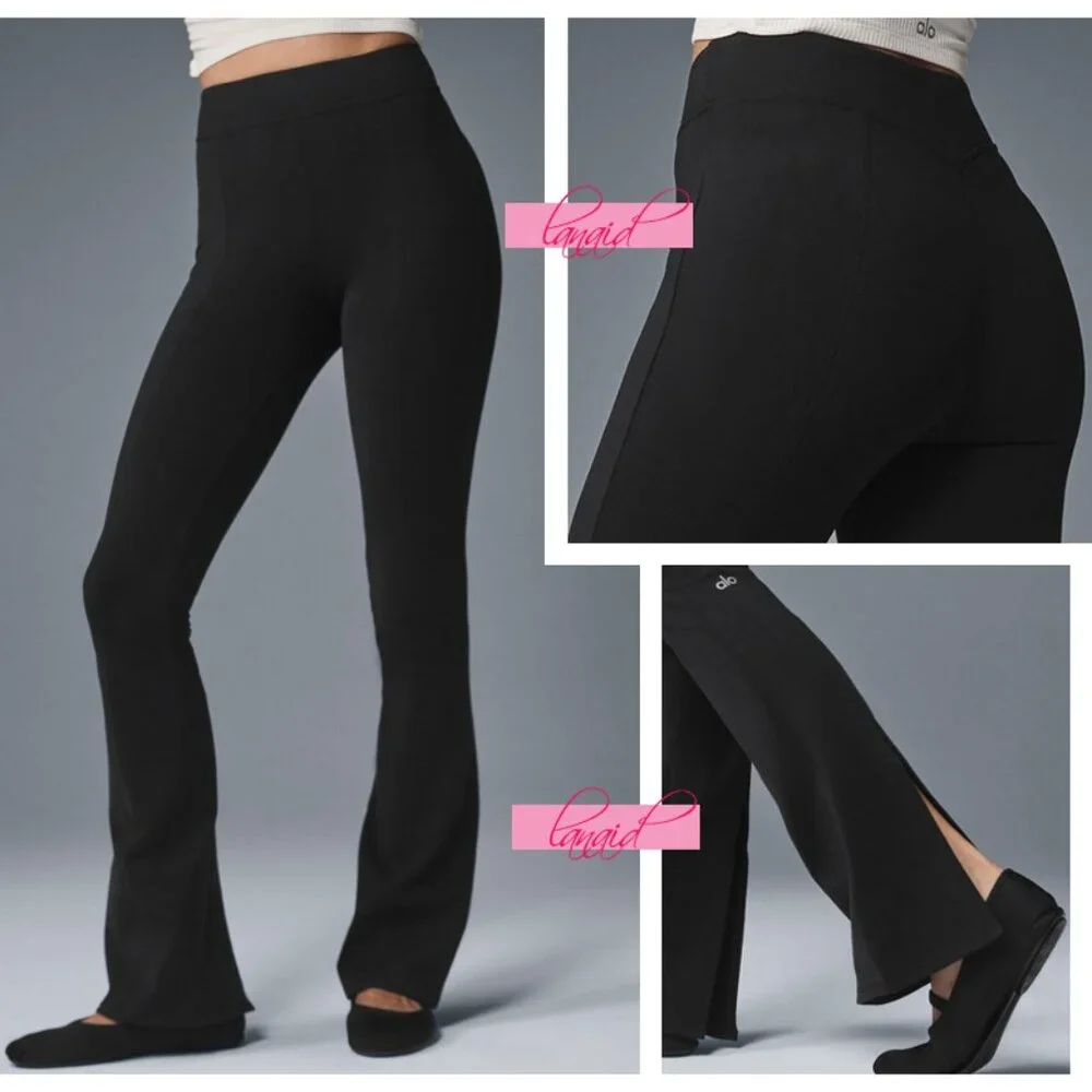 Alo High-Waist Rise Kick-Back Flutter Leggings Black Seamed Back Slit Hem Flare